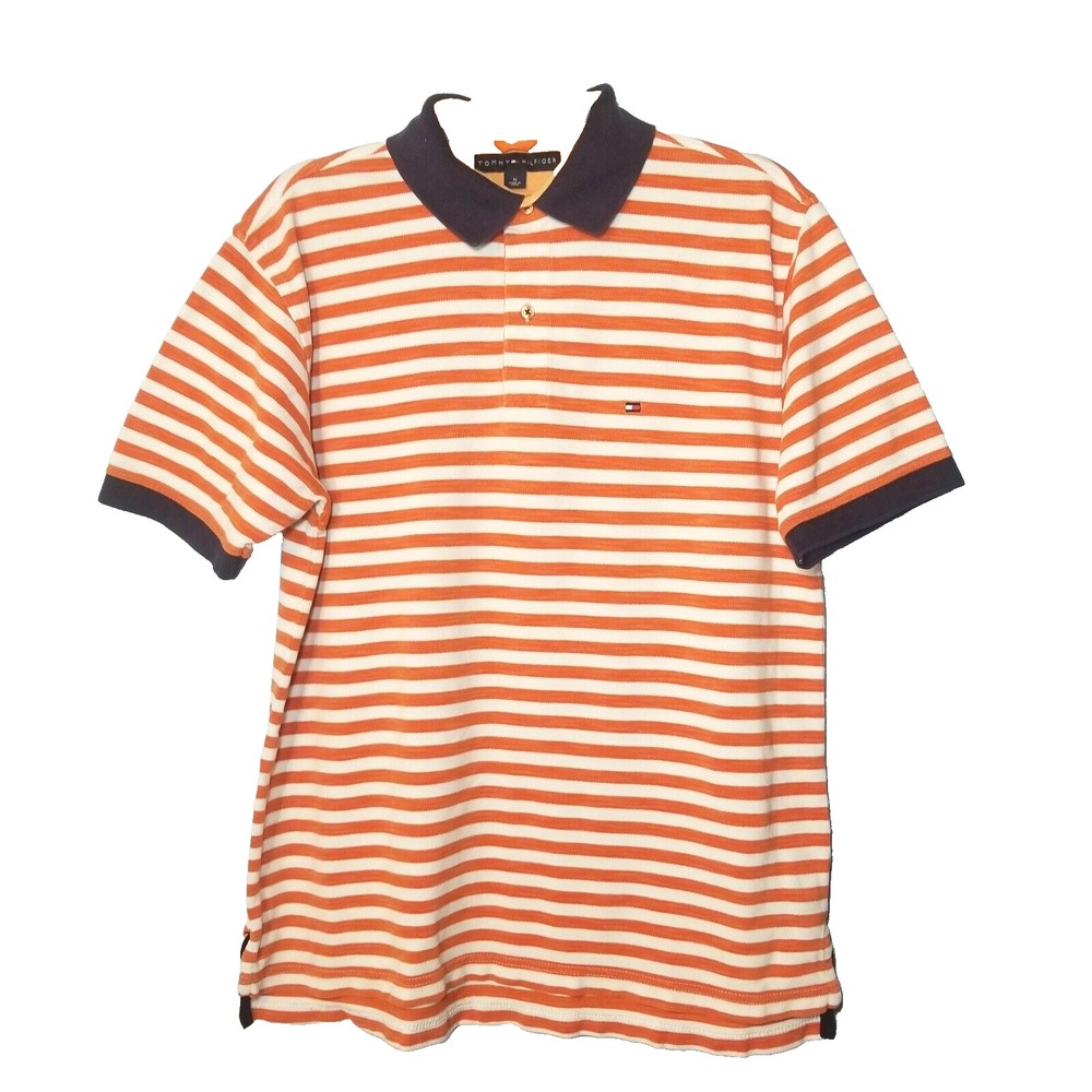 Tommy‎ Hilfiger Classic Polo Orange White Striped Blue Collar Shirt Logo Medium